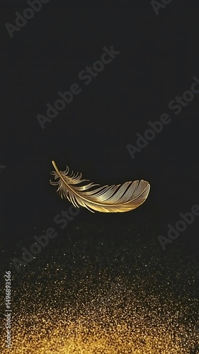 Single golden feather on black background with gold glitter