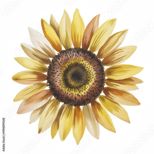 Watercolor Sunflower with Yellow Petals and Brown Center