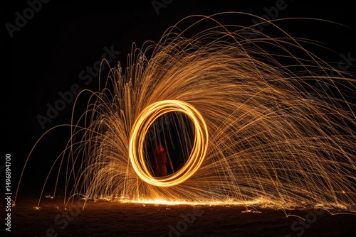 Fire Spinning in Circular Motion Dynamic Long Exposure of Fire Performance Art