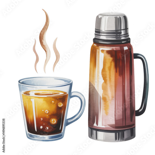 Watercolor Illustration of Thermos and Steaming Mug