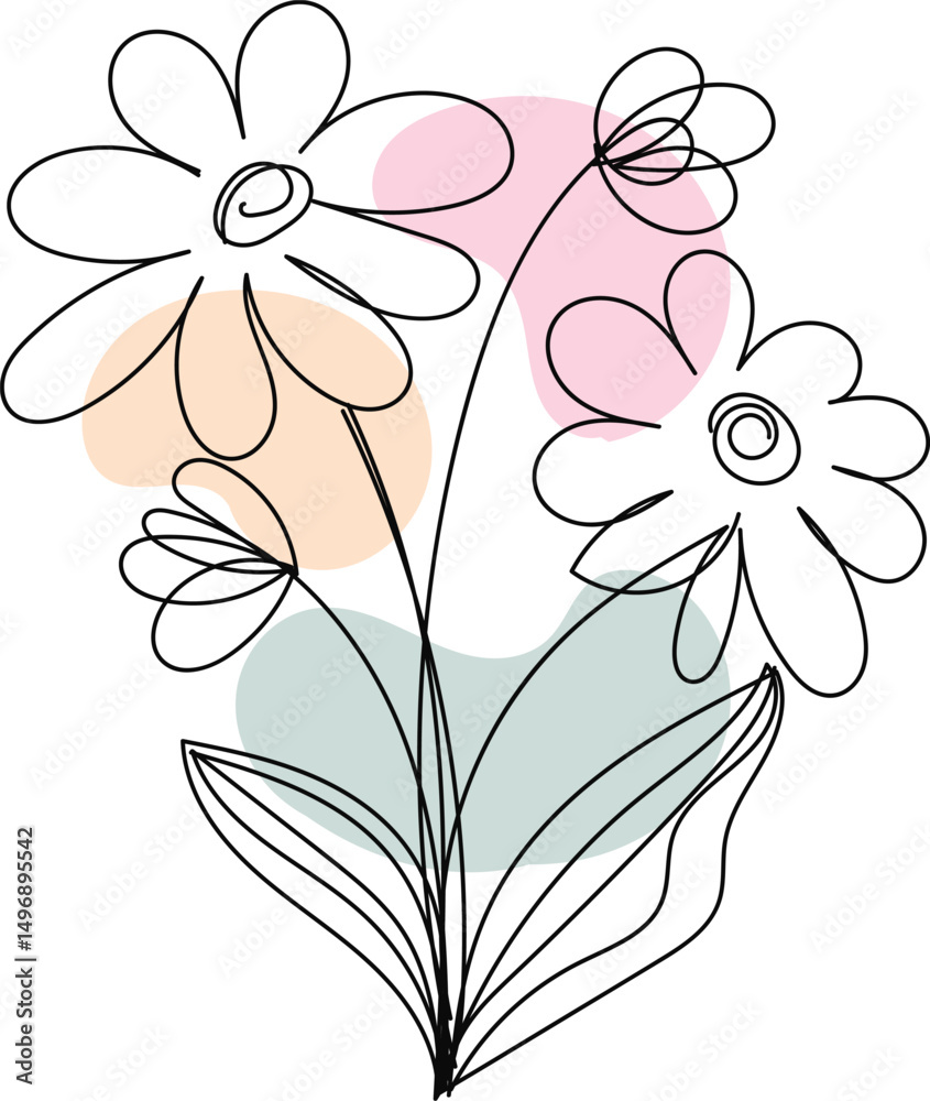 Obraz premium Abstract Line Art Flower Bouquet with Pastel Shapes