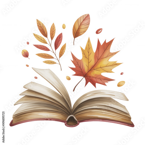 Watercolor Illustration of Open Book with Autumn Leaves