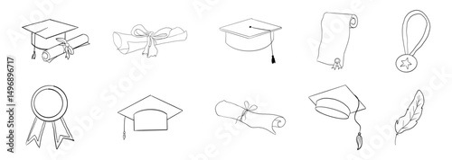 Graduation hat doodle line. University Cap of graduate and certificate degree hand drawn outline. Graduation hats sketch 