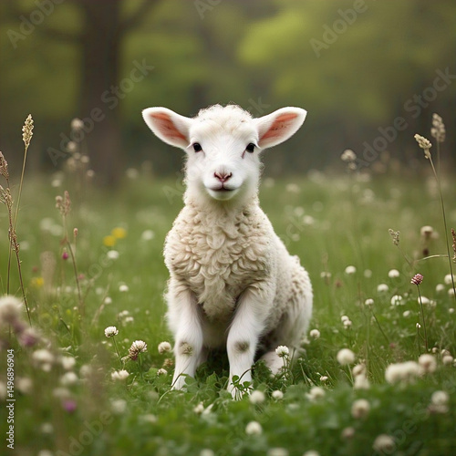 young white lamb standing alone in a field with soft golden sunset light, perfect for eid ul adha qurbani theme and islamic festival animal concept photography

