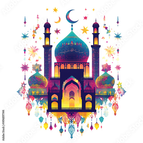 Vibrant colorful mosque illustration isolated on a white background