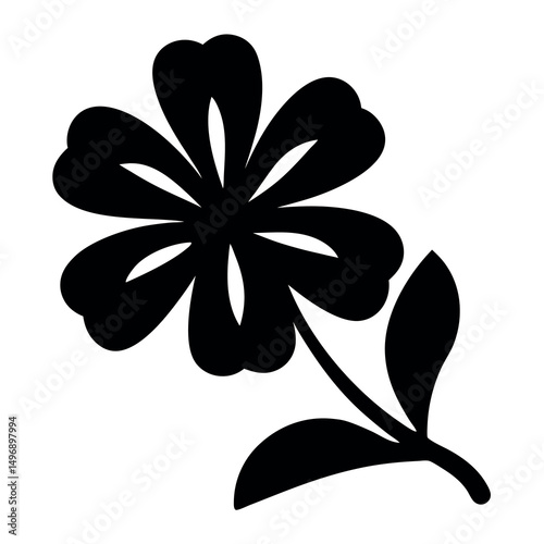 Simple botanical illustration of a black flower with a stem and leaves