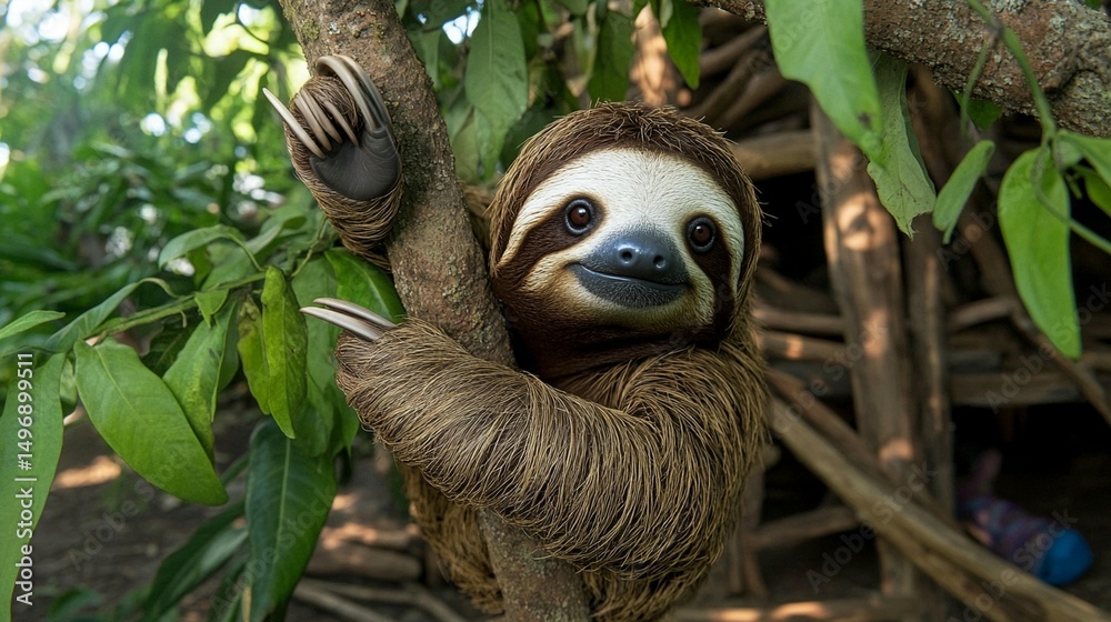 Naklejka premium Sleepy sloth clinging to a tree branch in a lush jungle environment
