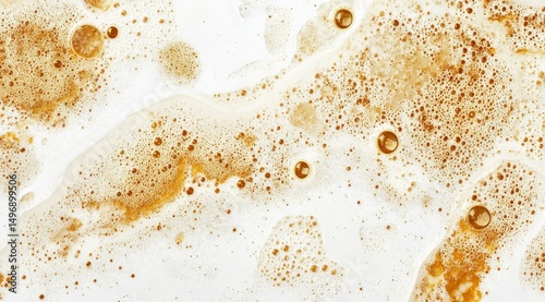 Close-up of light brown frothy liquid with varying bubble sizes and density against a white background