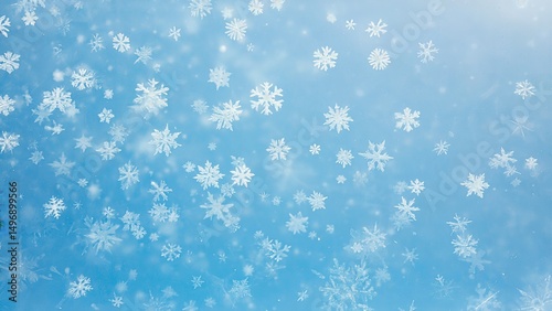 Gentle snowflakes falling slowly against a soft blue background, delicate and peaceful, winter-themed.