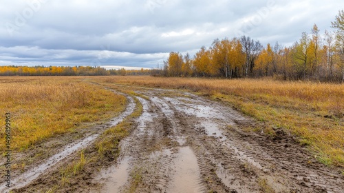 Muddy Road Through Autumnal Fields
