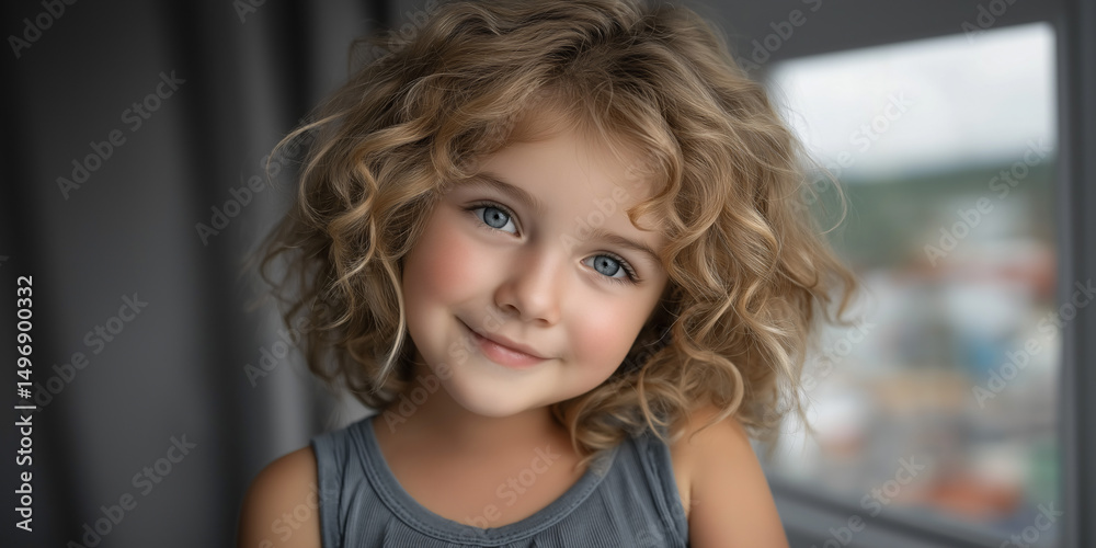 Fototapeta premium Adorable Curly Haired Girl: A charming portrait of a toddler girl with adorable curly blonde hair and captivating blue eyes. Her sweet smile and innocent gaze capture the essence of childhood joy.