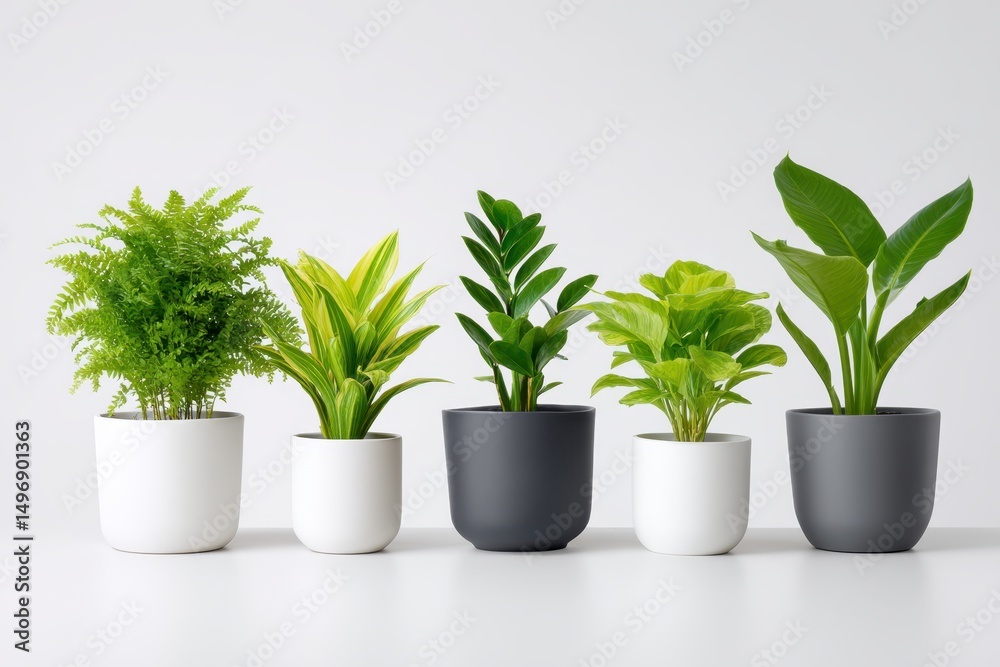 Obraz premium Assortment of potted plants arranged in a row on a bright surface showcasing greenery