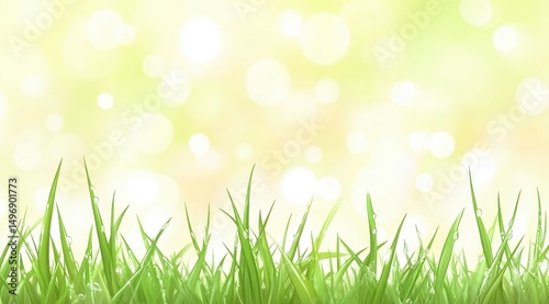 Dew-kissed green grass blades against a blurred, bright, pastel yellow and white bokeh background