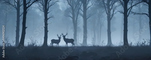 Vector silhouette of deer in a blue, misty woodland scene,  photo,  background