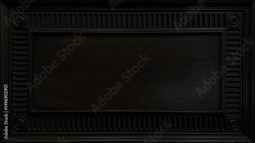 Elegant Dark Wood Panel with Ornate Classical Frame. Wood Texture Background with copy-space.
