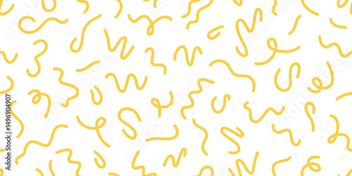 Pasta seamless pattern. Italian spaghetti background. Yellow japan ramen design. Chinese noodle texture. Doodle wavy line pattern. Hand drawn food bg. Vector illustration isolated on white background.