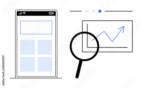 Smartphone with app interface beside growth chart magnified by magnifying glass. Ideal for data analysis, business, technology, mobile app design, statistics, digital tools, simple landing page