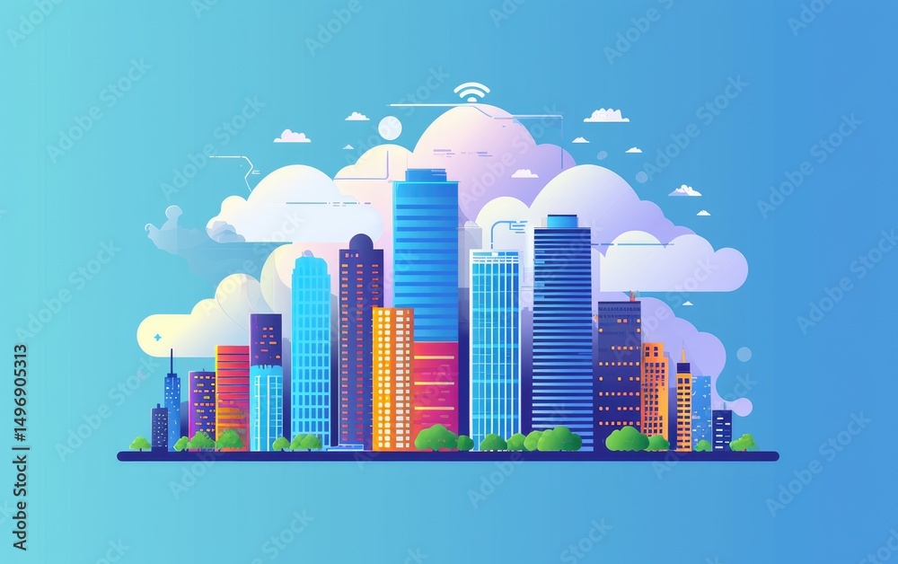 Obraz premium Modern Cityscape Skyline With Wireless Network Connectivity