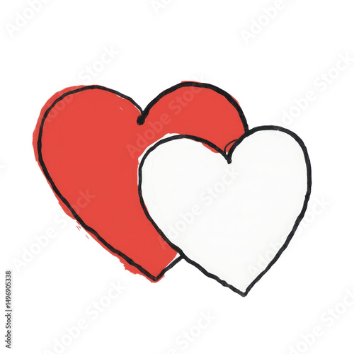 Two Overlapping Hearts of the Same Size, One Red and One White, Outlined in Black, Creating a Symmetrical Contrast