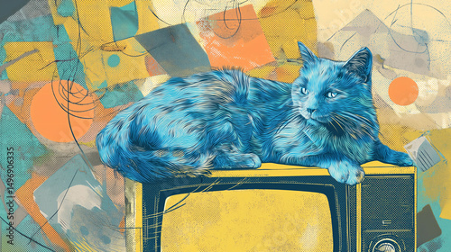 a dreamy abstract scene showing a blue cat relaxing on a retro television surrounded by floating synthwave notes and soft patterns