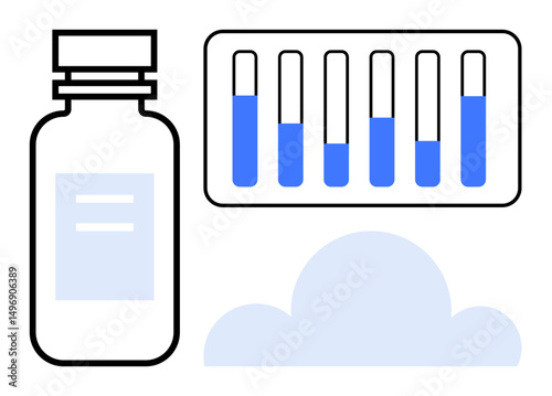 Medicine bottle, a rack of test tubes partially filled with blue liquid, and a cloud shape. Ideal for healthcare, biotechnology, research, pharmaceutical, innovation, data storage simple landing