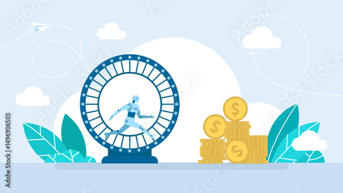 Robot AI trader running on business wheel. Robot assistant as squirrel in a wheel. Automated system. Humanoid runs after money. AI technology of analysis investment fund data. Vector illustration