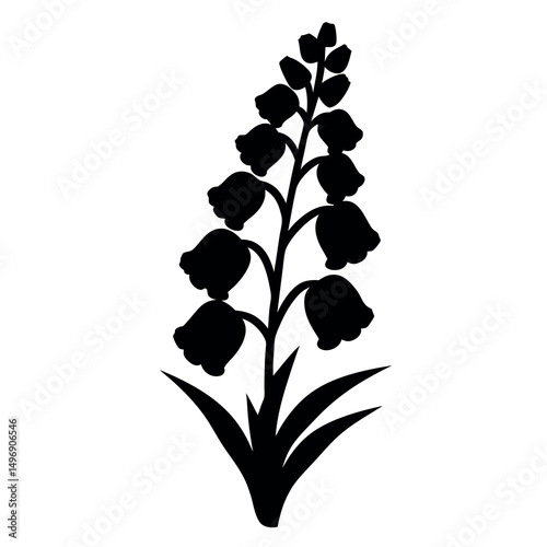 Elegant black silhouette depiction of a bellflower plant with leaves