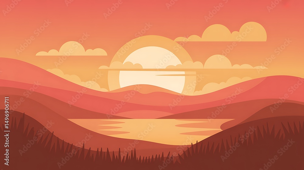 Obraz premium Serene Sunset Landscape with Calm Lake and Rolling Hills