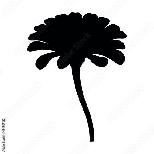 Monochrome floral silhouette of a zinnia flower with a curved stem