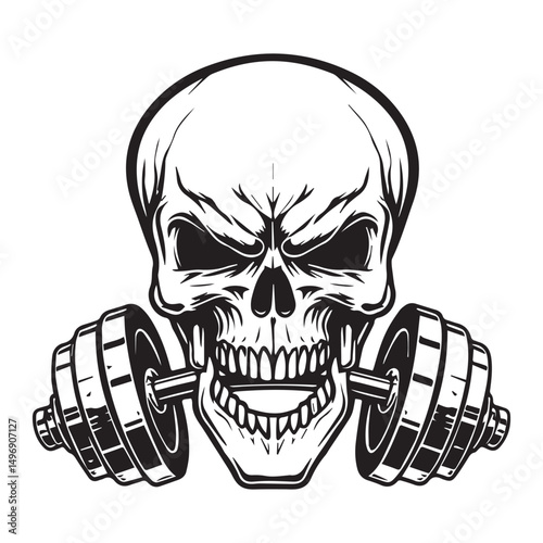 Evil skull clenching barbell in teeth representing dark hardcore gym attitude