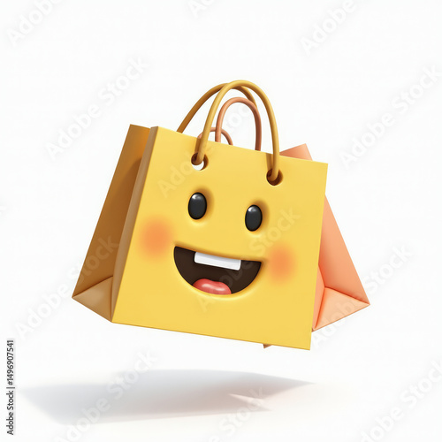 Shopping Bags Emoji Isolated on Absolute Snow White Background with No Shadows Floating in the Air