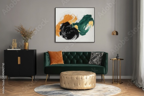 Modern living room with emerald green velvet sofa, gold accents, and abstract art