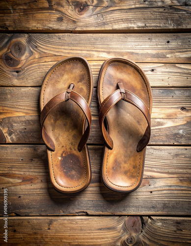 Leather Slippers on Wooden: A pair of well-worn leather slippers sits atop a rustic wooden surface, hinting at comfort and relaxation. Their worn texture tells a story of use and leisure.  photo
