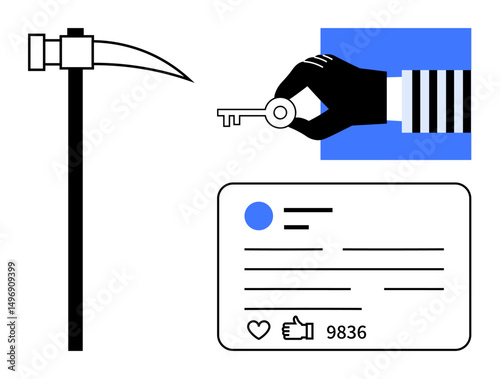 Mining tool beside a black-gloved hand holding a key over a social profile card. Ideal for hacking, cybercrime, security, digital identity, online fraud, data protection, simple landing page