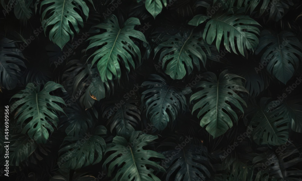 Fototapeta premium Dark, lush tropical leaves; black & deep green abstract pattern, seamless pattern, illustration, botanical