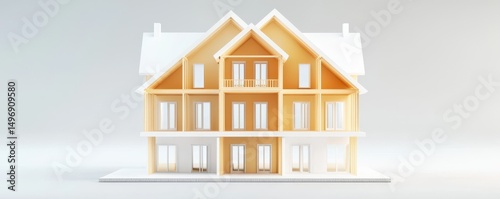 A modern, symmetrical multi-family house model with yellow walls, white roof, and large windows, viewed from the front on a plain background.