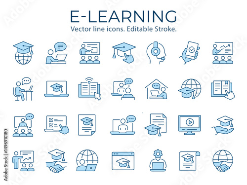 E-learning icons, such as online education, courses, tutoring, webinar and more. Vector illustration isolated on white. Editable stroke. Change to any size and any color.