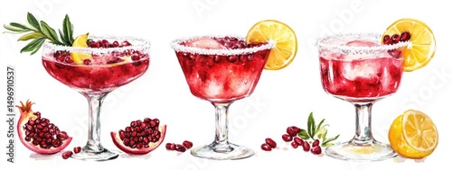 Watercolor illustration of three pomegranate cocktails garnished with lemon slices and pomegranate seeds