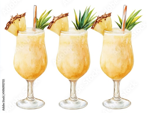 Three watercolor pineapple cocktails in stemmed glasses