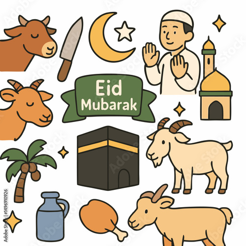 Illustration set featuring iconic elements of Eid al-Adha Designed in minimal outline style, this artwork is ideal for greeting cards, educational materials, printable crafts, and Islamic-themed