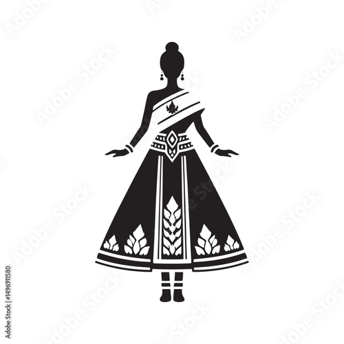 Graceful Chut Thai Vector Silhouette – Traditional Thai Dress, Elegant Draping, Cultural Heritage, Ornate Details, Timeless Beauty, and Royal Femininity.

