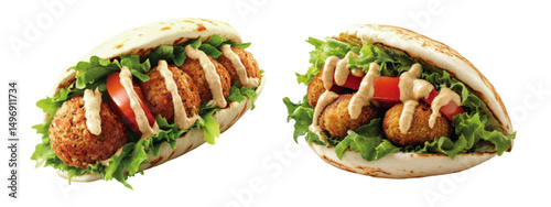 Delicious falafel wraps with fresh lettuce, sliced tomatoes, and creamy sauce on a white background