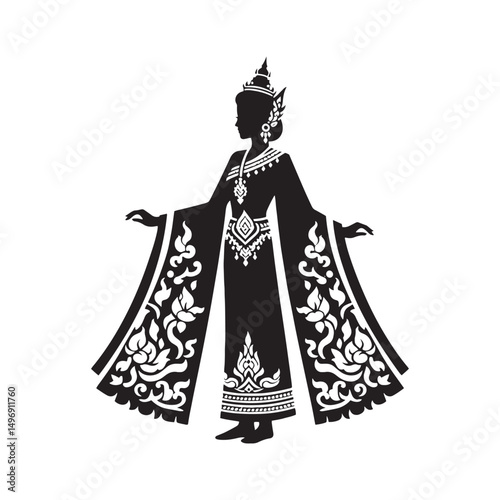 Graceful Chut Thai Vector Silhouette – Traditional Thai Dress, Elegant Draping, Cultural Heritage, Ornate Details, Timeless Beauty, and Royal Femininity.
