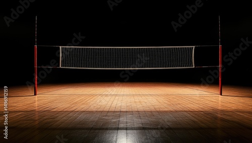 Empty volleyball court, illuminated net