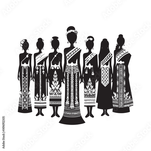Graceful Chut Thai Vector Silhouette – Traditional Thai Dress, Elegant Draping, Cultural Heritage, Ornate Details, Timeless Beauty, and Royal Femininity.
