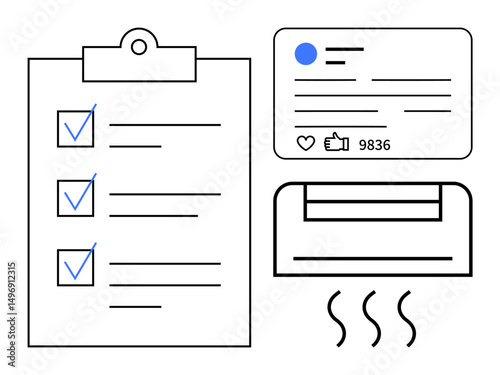 Task clipboard with checkmarks, social engagement card showing thumbs ups, shares, and air conditioner emitting cool air. Ideal for productivity, social media, organization, workflow, comfort