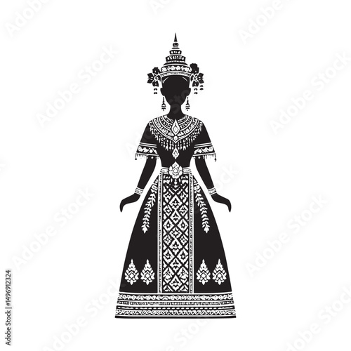 Graceful Chut Thai Vector Silhouette – Traditional Thai Dress, Elegant Draping, Cultural Heritage, Ornate Details, Timeless Beauty, and Royal Femininity.
