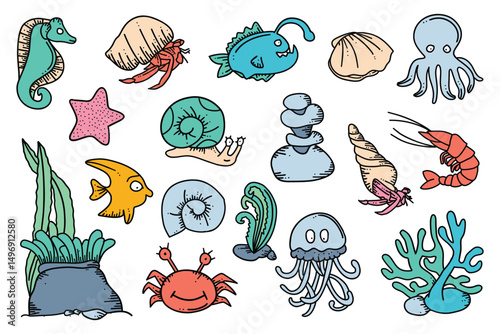 Whimsical sea life illustration displays various marine creatures in a fun, cartoon style design.