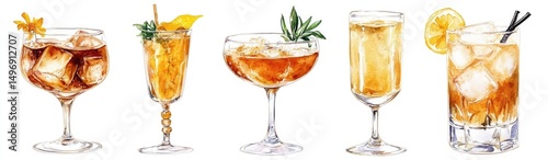 Four colorful hand-drawn cocktails in various glasses