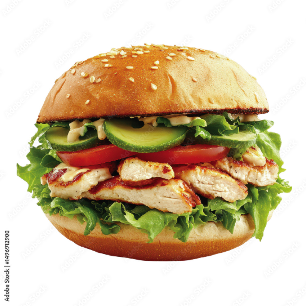 Grilled chicken sandwich with lettuce, tomatoes, cucumbers, and mayonnaise on a sesame seed bun Grilled chicken sandwich with lettuce, tomatoes, cucumbers, and mayonnaise on a sesame seed bun